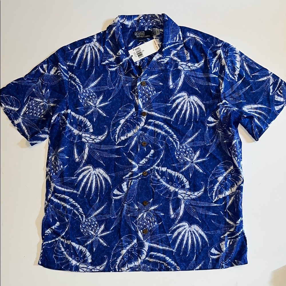 L Polo Ralph Lauren Shirt Mens Pineapple blue palm button print  $168
